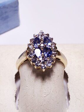 Estate 1.26ctw Natural Pear & Rd Tanzanite Halo marq shaped 14Kt YG Ring #24433